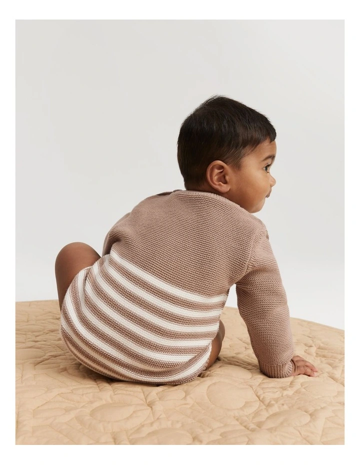 Organically Grown Cotton Stripe Knit Long Sleeve Bodysuit in Mushroom image 3