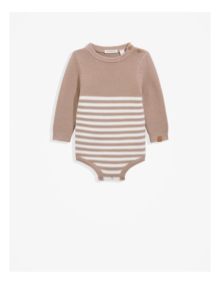 Organically Grown Cotton Stripe Knit Long Sleeve Bodysuit in Mushroom image 4