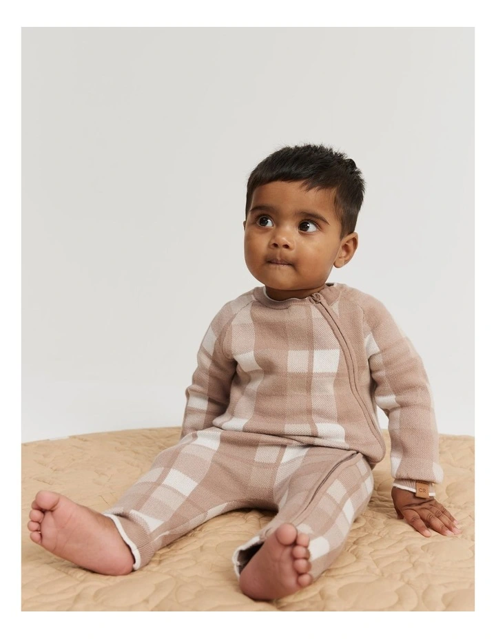 Organically Grown Cotton Gingham Knit Jumpsuit in Mushroom image 1