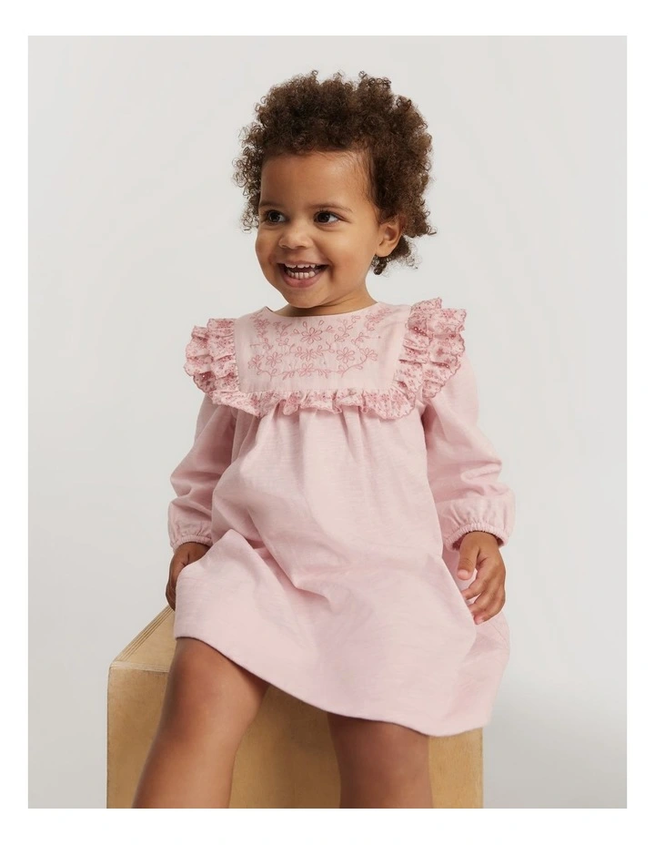 Organically Grown Cotton Embroidered Frill Dress in Mineral Pink image 2