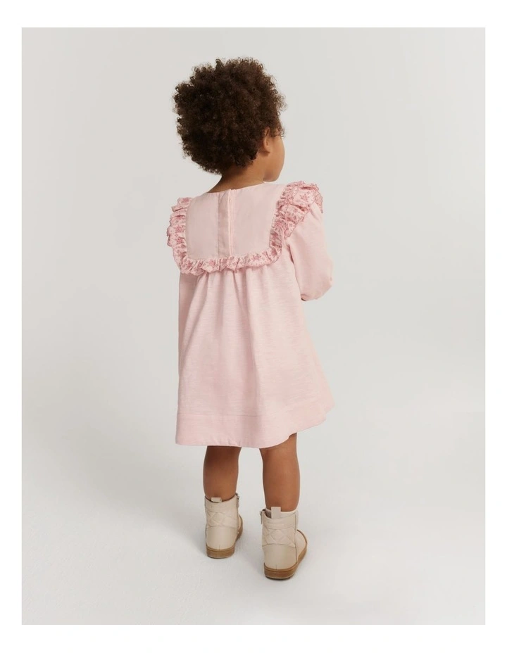 Organically Grown Cotton Embroidered Frill Dress in Mineral Pink image 3