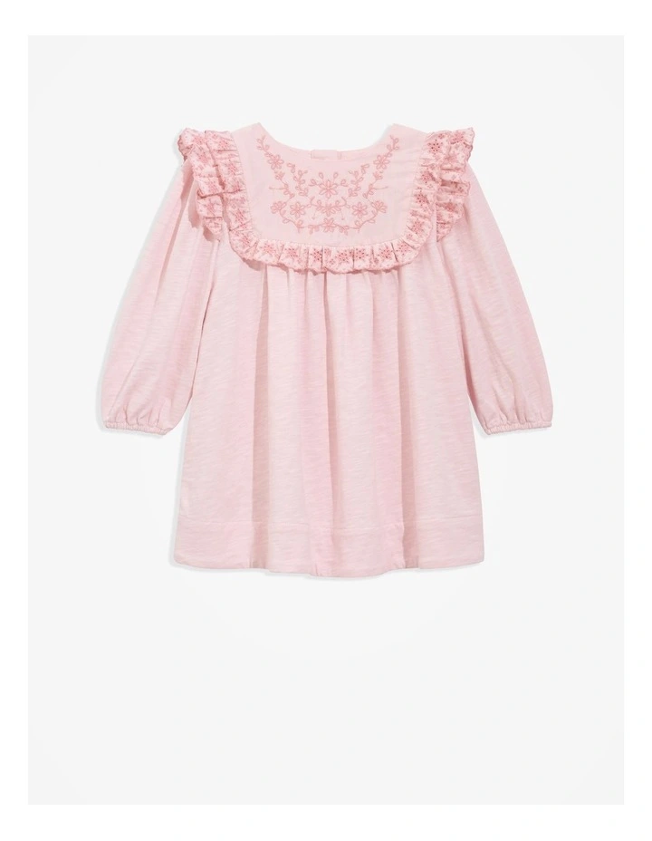 Organically Grown Cotton Embroidered Frill Dress in Mineral Pink image 4