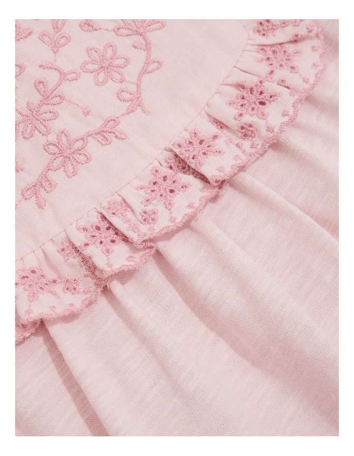 Organically Grown Cotton Embroidered Frill Dress in Mineral Pink image 5