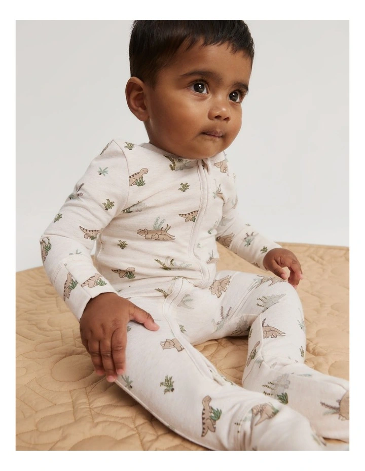 Organically Grown Cotton Dino Jumpsuit in Oatmeal Marle image 3