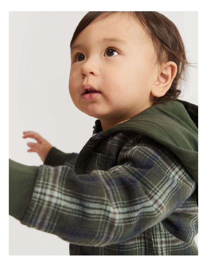 Australian Cotton Check Hooded Shirt in Khaki Green image 2