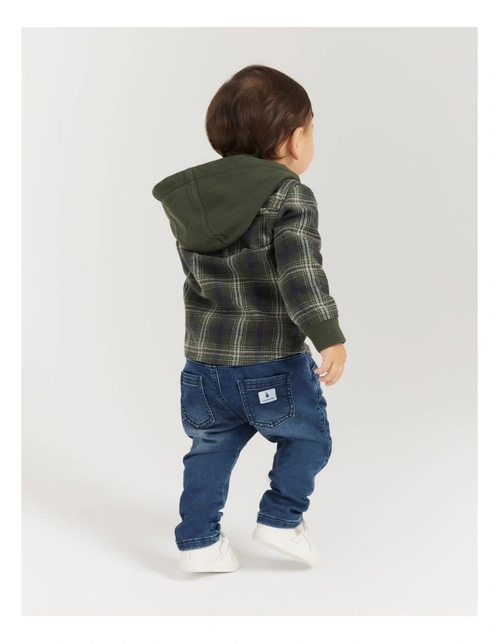 Australian Cotton Check Hooded Shirt in Khaki Green image 3