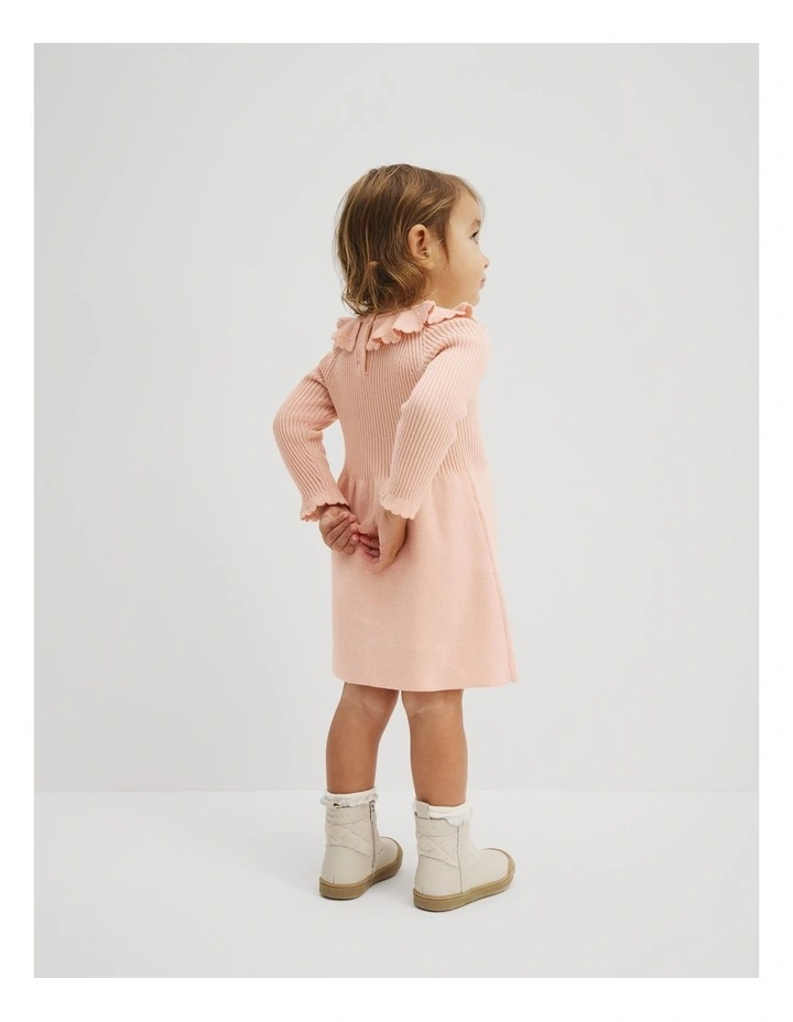 Frill Neck Knit Dress in Antique Pink image 2