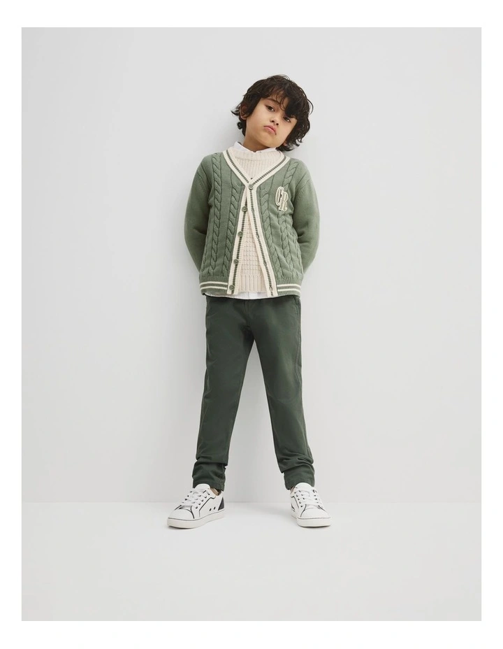 Organically Grown Cotton Varsity Cardigan in Khaki Green image 1