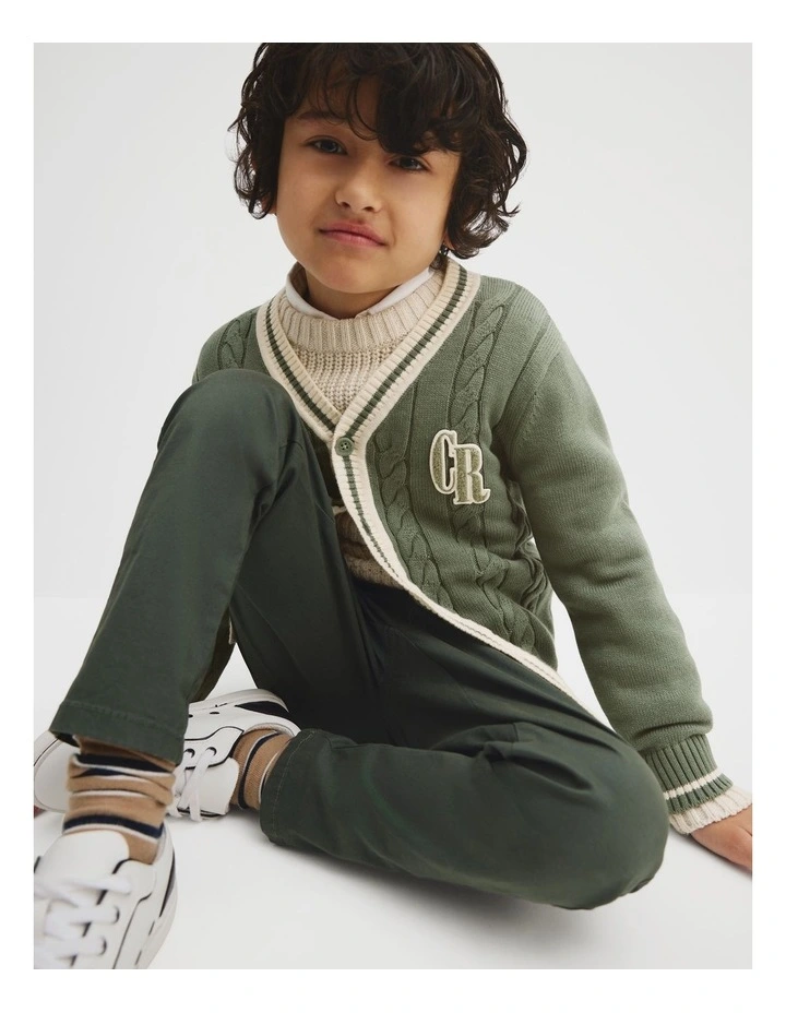 Organically Grown Cotton Varsity Cardigan in Khaki Green image 2