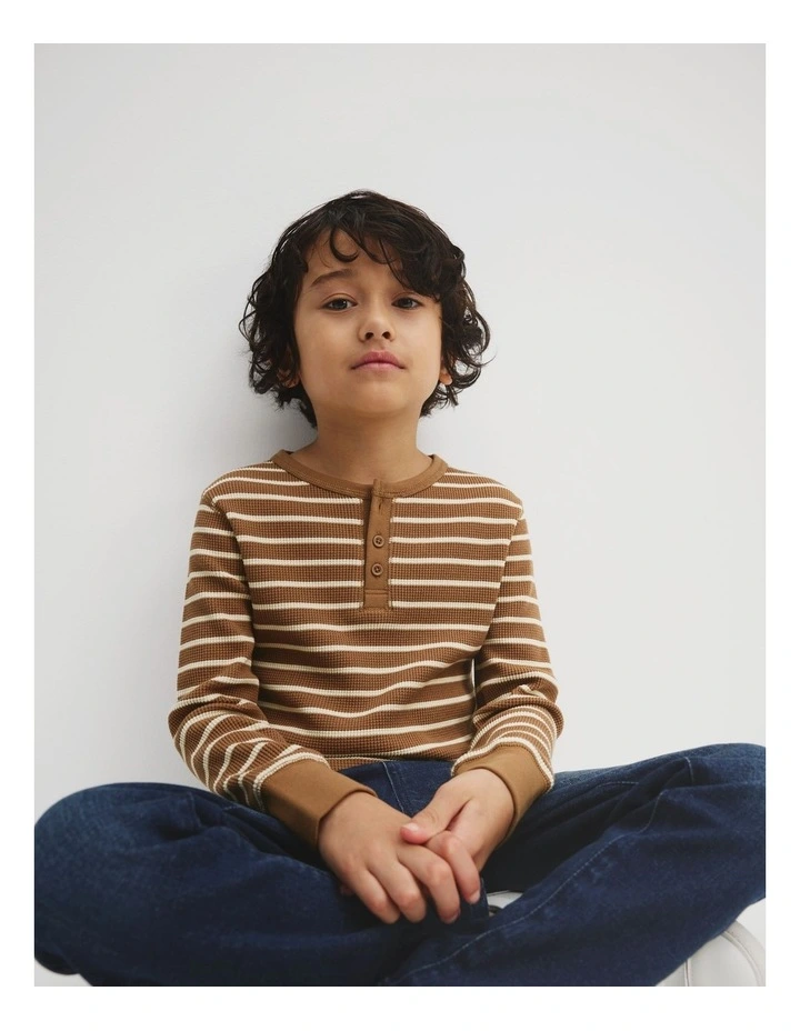 Cotton Stripe Waffle Henley in Butter image 1