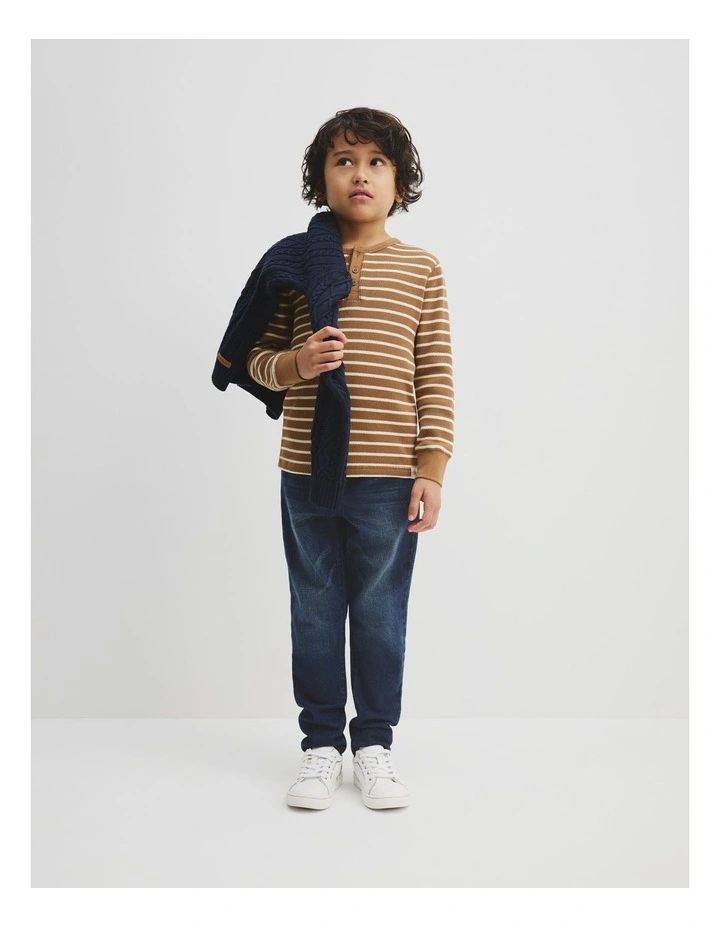 Cotton Stripe Waffle Henley in Butter image 3
