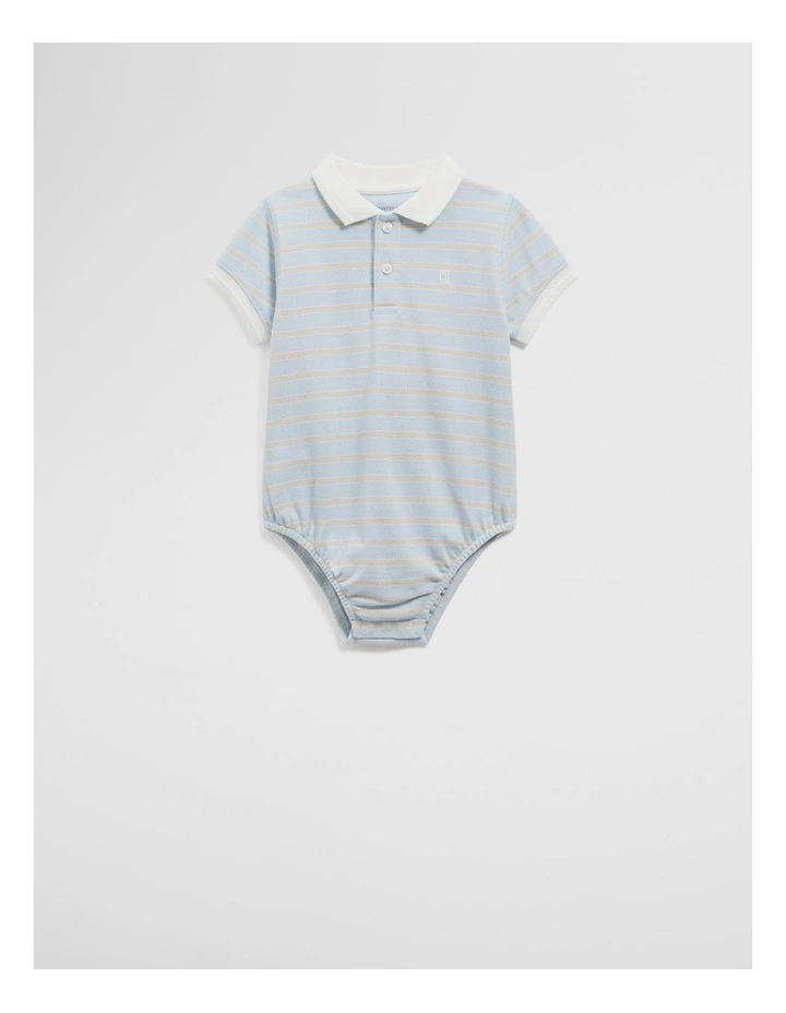 Organically Grown Cotton Stripe Polo Bodysuit in Soft Blue image 1