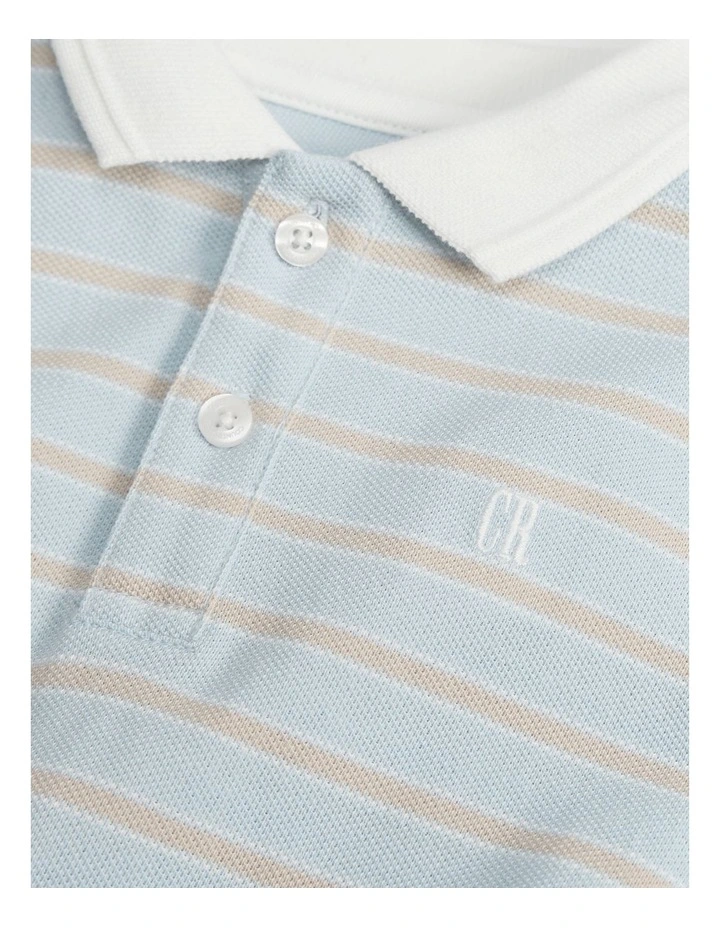 Organically Grown Cotton Stripe Polo Bodysuit in Soft Blue image 2