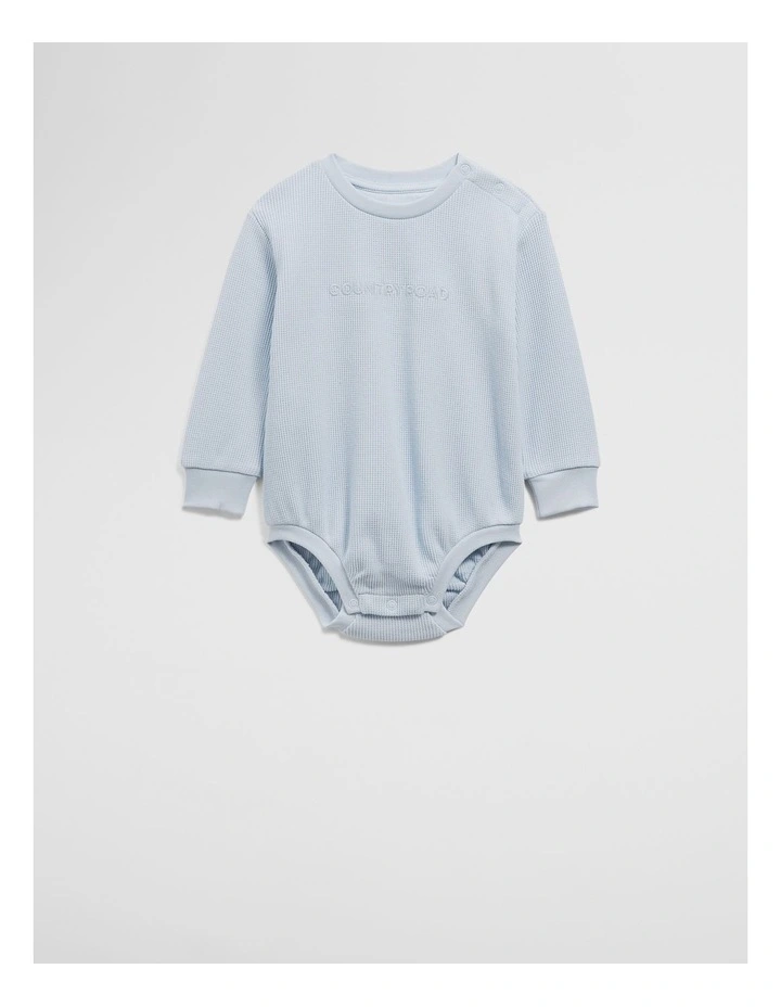 Cotton Waffle Logo Long Sleeve Bodysuit in Soft Blue image 1