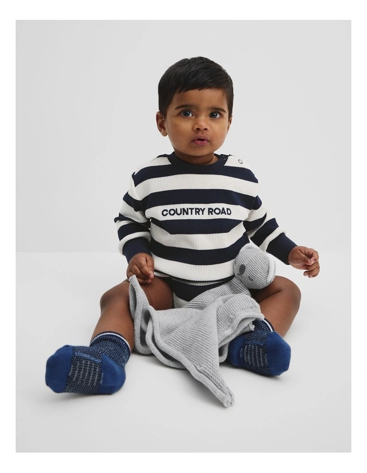 Organically Grown Cotton Waffle Logo Long Sleeve Bodysuit in Navy Stripe image 1