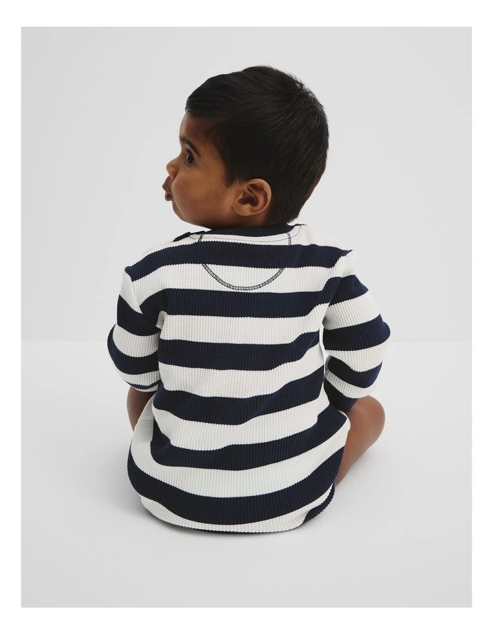 Organically Grown Cotton Waffle Logo Long Sleeve Bodysuit in Navy Stripe image 3