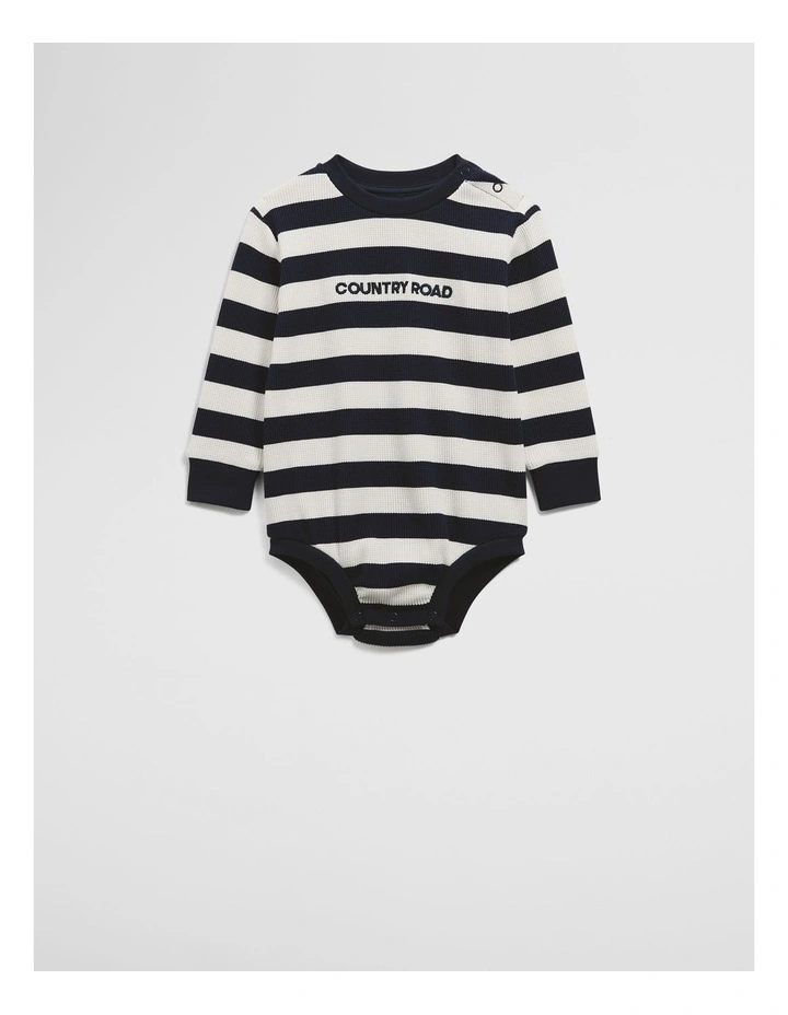 Organically Grown Cotton Waffle Logo Long Sleeve Bodysuit in Navy Stripe image 4