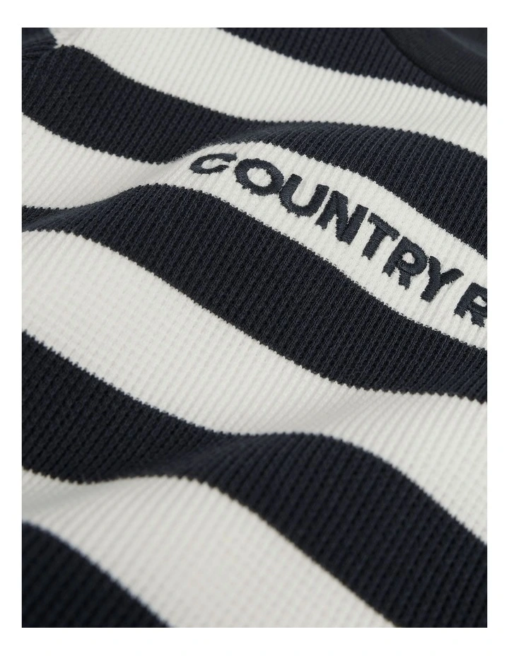 Organically Grown Cotton Waffle Logo Long Sleeve Bodysuit in Navy Stripe image 5