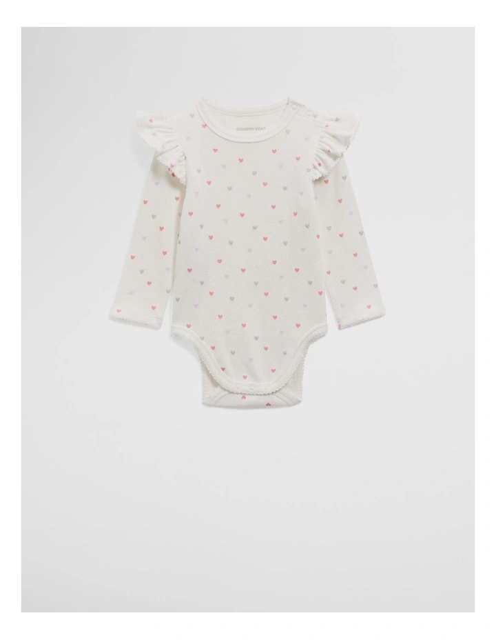 Organically Grown Cotton Frill Rib Long Sleeve Bodysuit in Multi Heart image 1