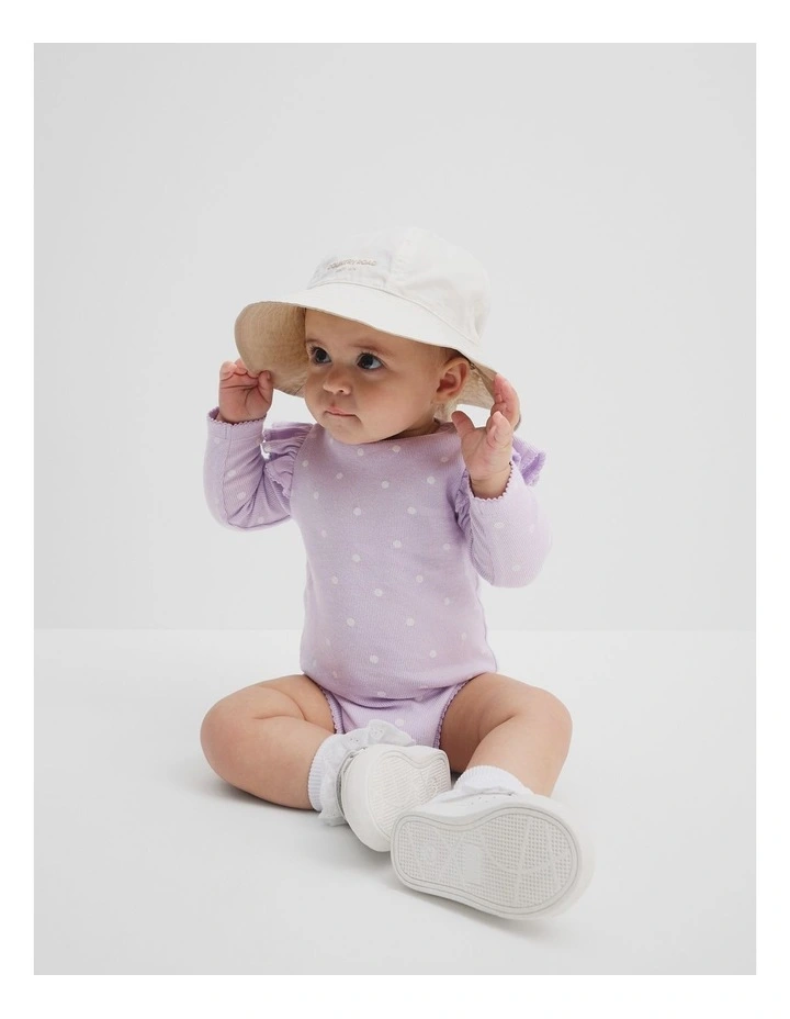 Organically Grown Cotton Frill Rib Long Sleeve Bodysuit in Lilac Spot image 1