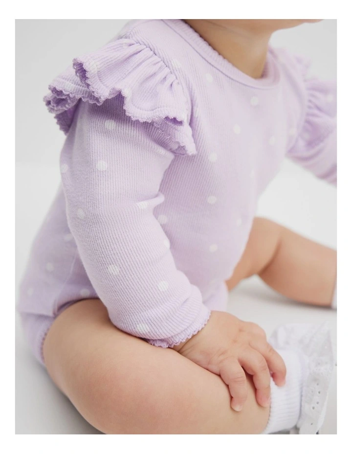 Organically Grown Cotton Frill Rib Long Sleeve Bodysuit in Lilac Spot image 2