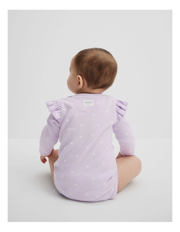 Organically Grown Cotton Frill Rib Long Sleeve Bodysuit in Lilac Spot image 3