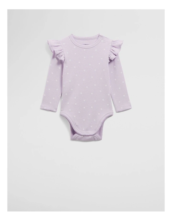 Organically Grown Cotton Frill Rib Long Sleeve Bodysuit in Lilac Spot image 4
