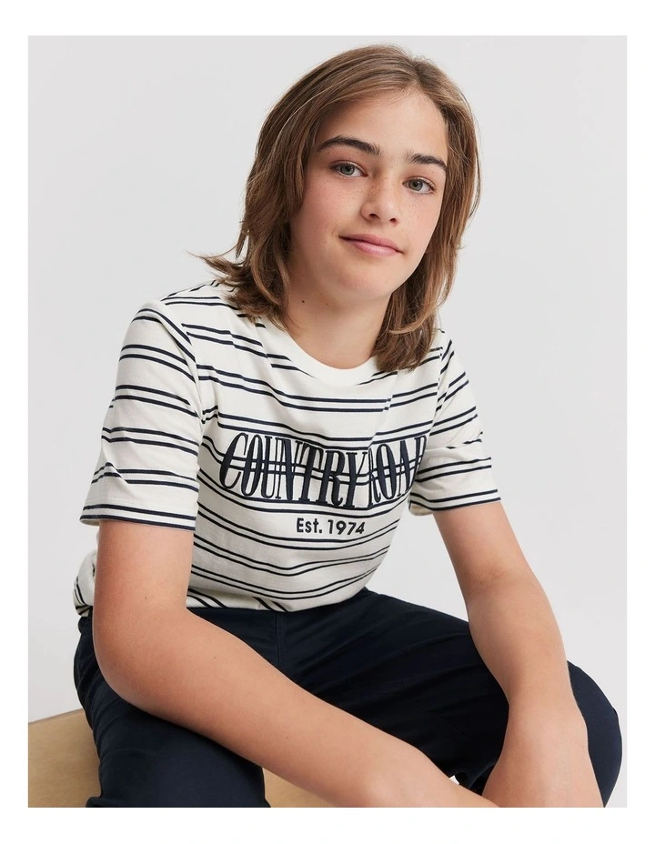 Teen Verified Australian Cotton Heritage Stripe T-shirt in Navy image 1