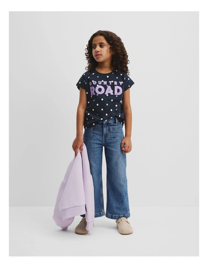 Organically Grown Cotton Sequin Logo T-Shirt in Navy Spot image 1