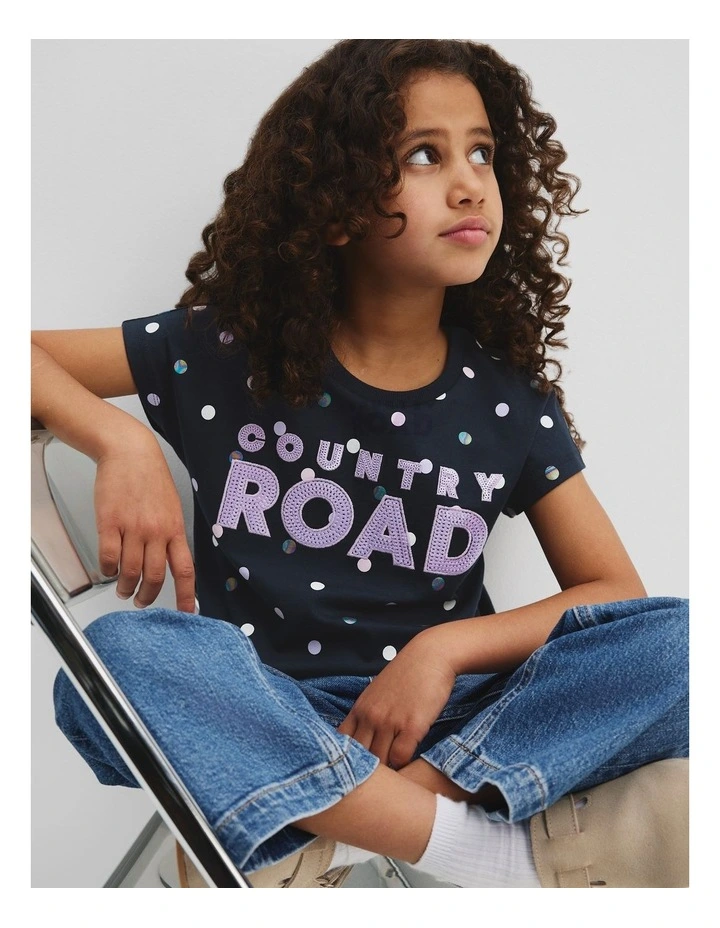 Organically Grown Cotton Sequin Logo T-Shirt in Navy Spot image 2