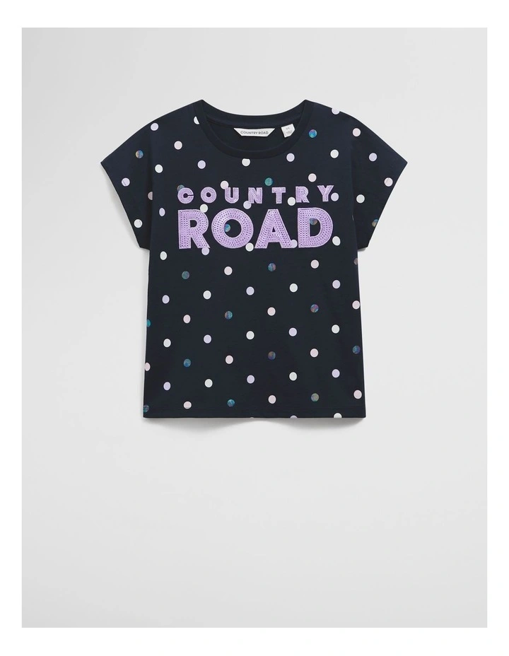 Organically Grown Cotton Sequin Logo T-Shirt in Navy Spot image 4