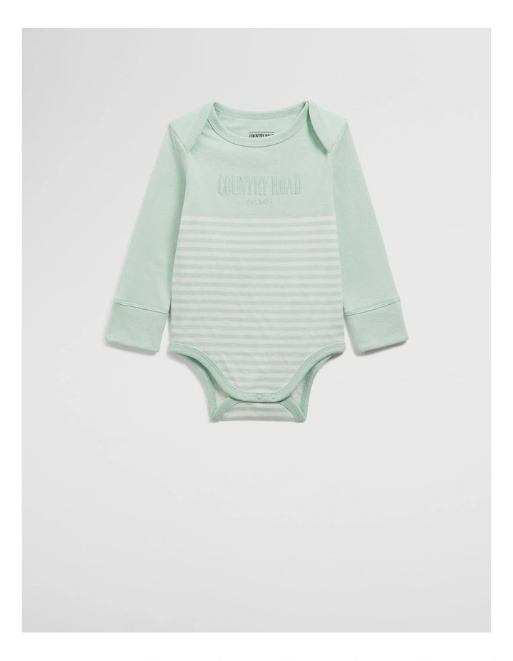 Organically Grown Cotton Stripe Long Sleeve Heritage Bodysuit in Mineral Green image 1