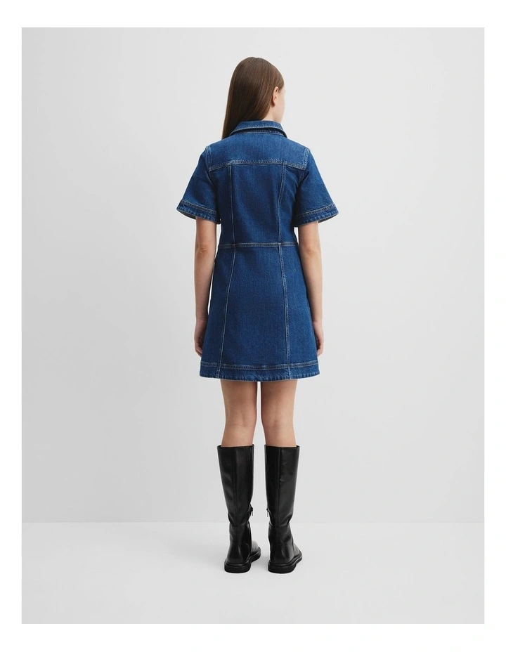 Short Sleeve Denim Mini Dress in Indigo image 4