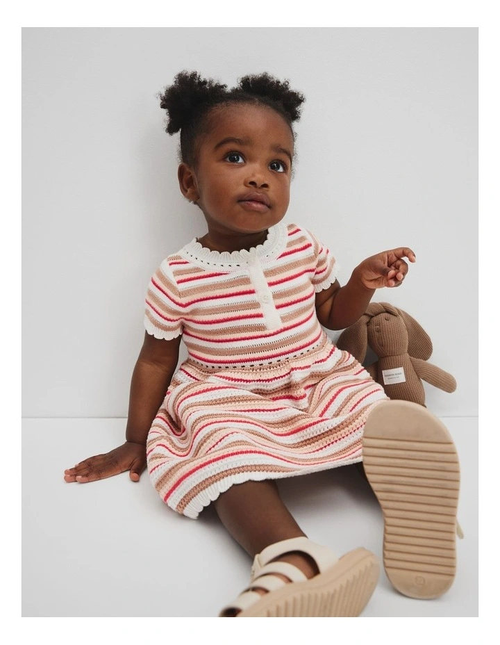 Organically Grown Cotton Scallop Knit Dress in Multi Stripe image 1