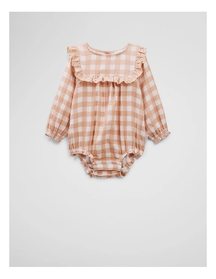 Organically Grown Cotton Long Sleeve Gingham Romper in Apricot image 1