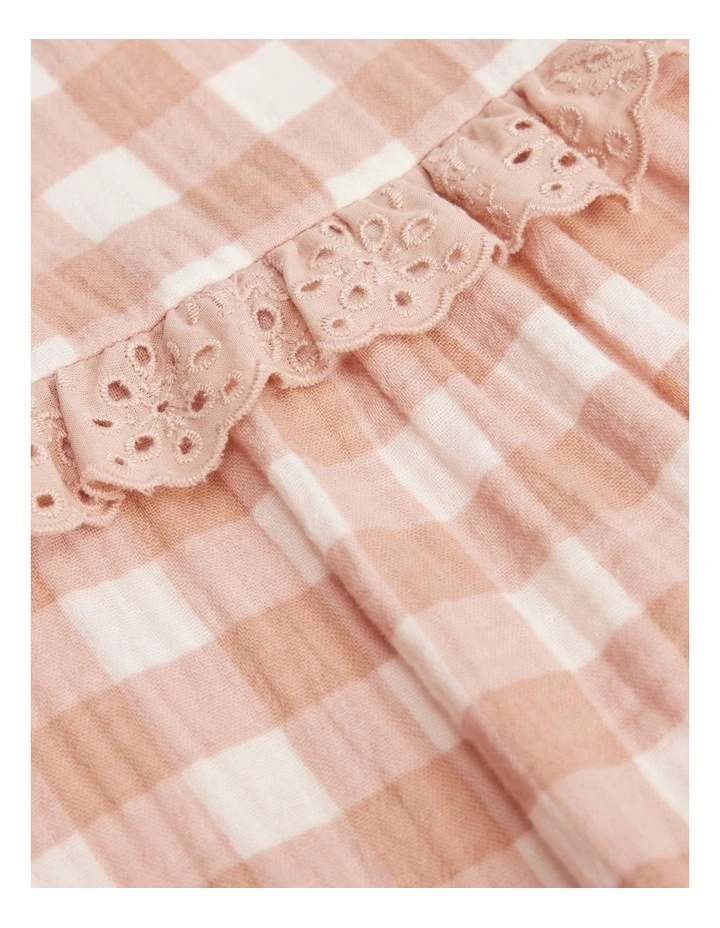 Organically Grown Cotton Long Sleeve Gingham Romper in Apricot image 2