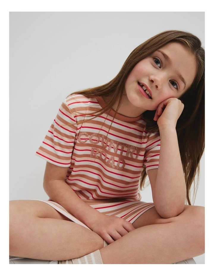 Recycled Polyester Blend Sequin Logo T-shirt Dress in Multi Stripe image 2