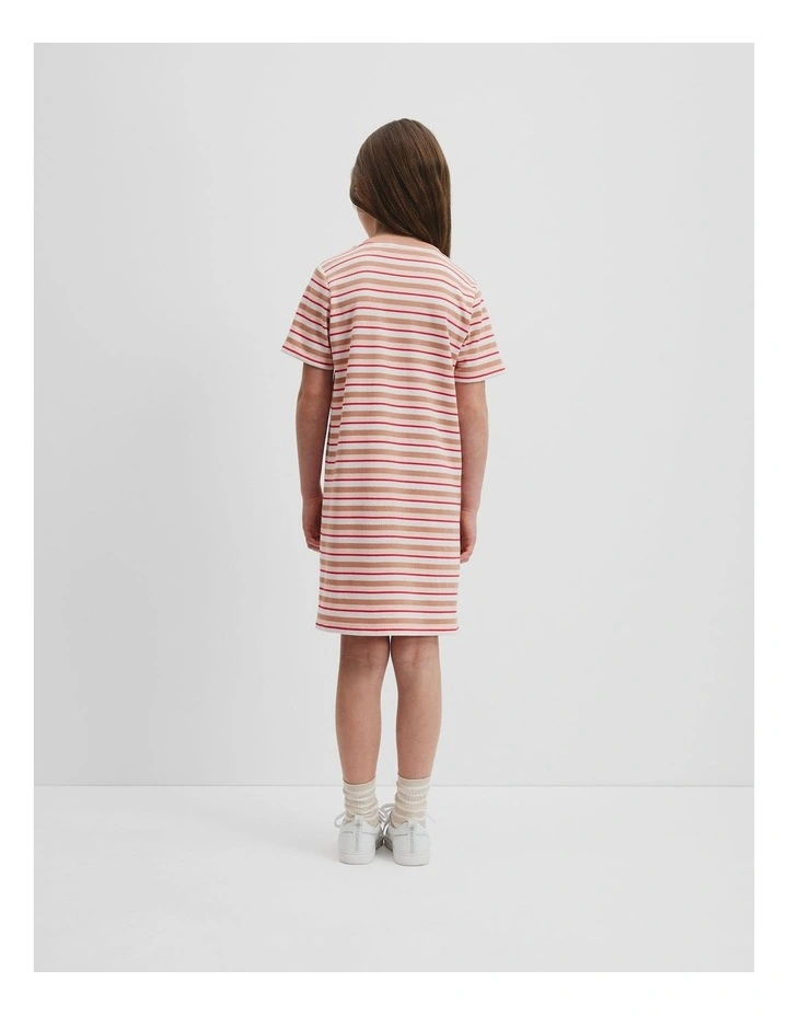 Recycled Polyester Blend Sequin Logo T-shirt Dress in Multi Stripe image 3
