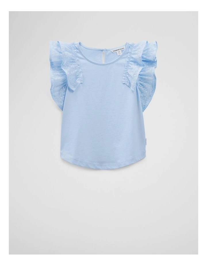 Organically Grown Cotton Frill Sleeve T-Shirt in Sky image 1
