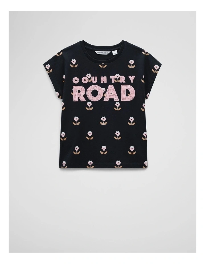 Organically Grown Cotton Sequin Logo T-Shirt in Charcoal Pansy image 1