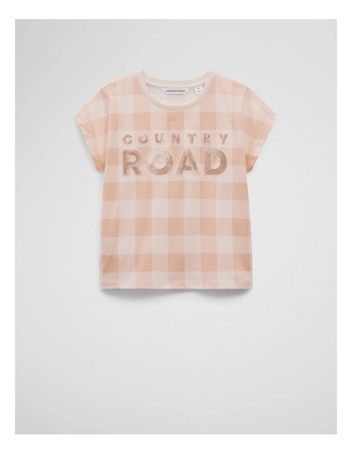 Organically Grown Cotton Sequin Logo T-Shirt in Toast Check image 1