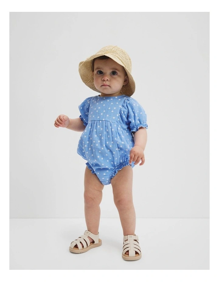 Organically Grown Cotton Short Sleeve Gathered Romper in Blue Spot image 2
