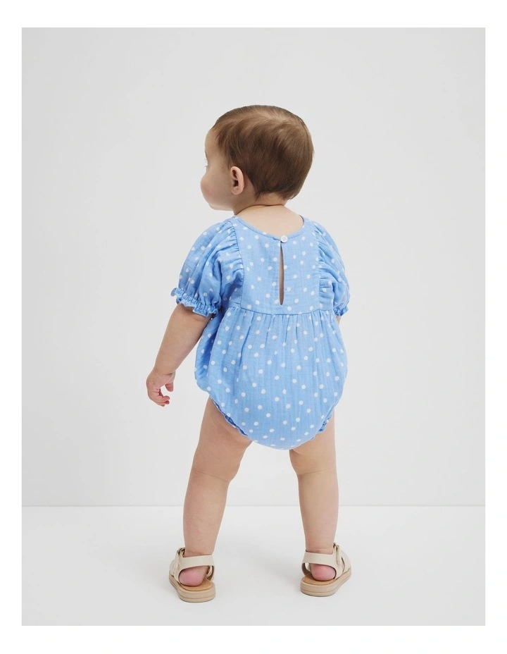 Organically Grown Cotton Short Sleeve Gathered Romper in Blue Spot image 3