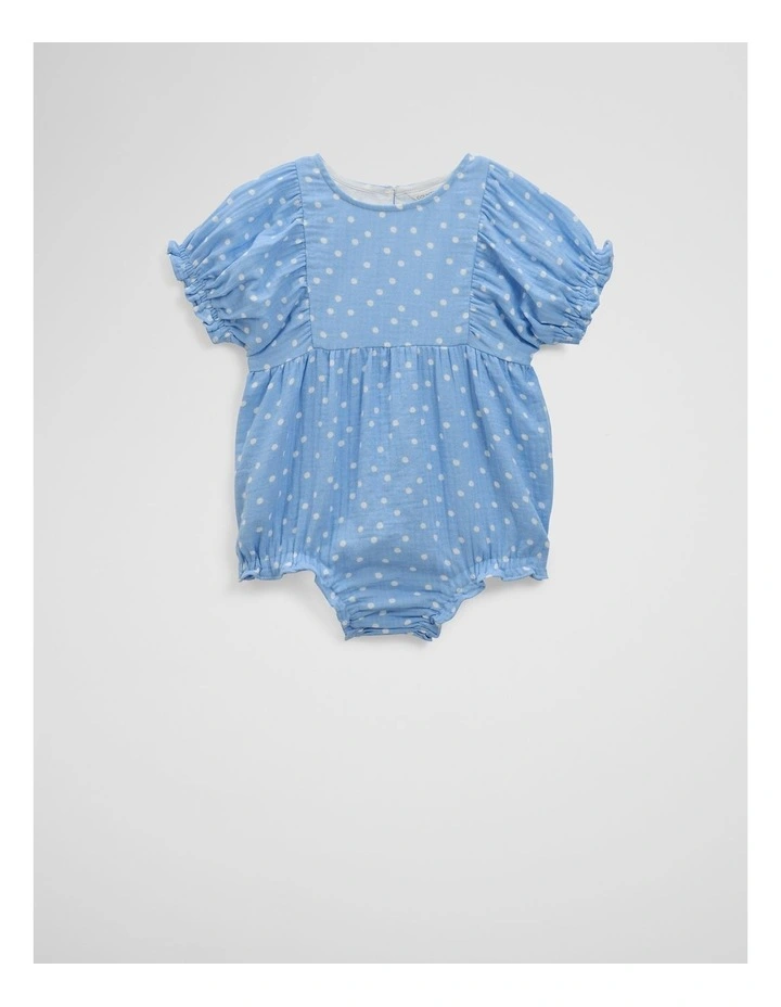 Organically Grown Cotton Short Sleeve Gathered Romper in Blue Spot image 4