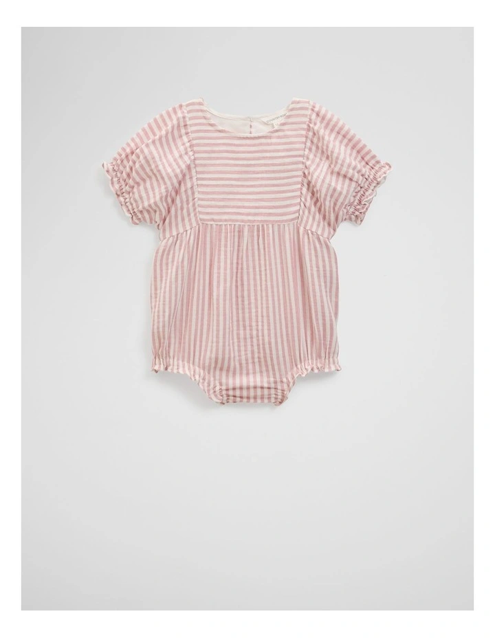 Organically Grown Cotton Short Sleeve Gathered Romper in Musk Stripe image 1