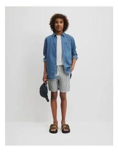 Teen Linen Short in Navy Stripe