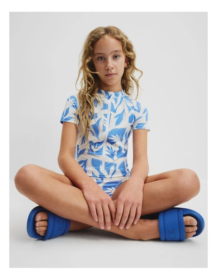 Teen Recycled Nylon Blend Zip Front Swimsuit in Abstract Blue image 1