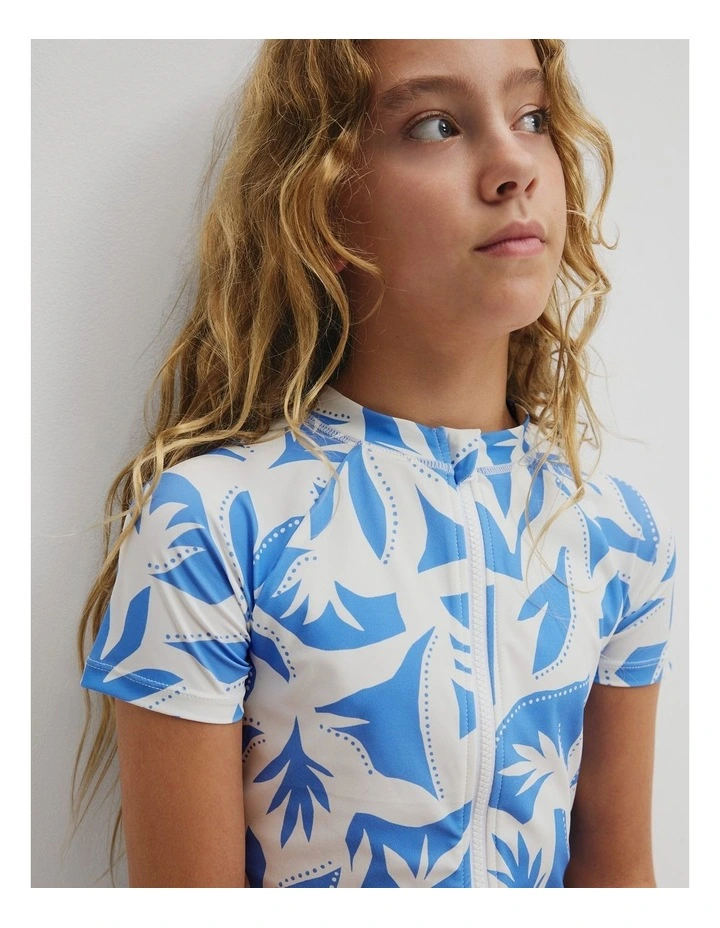 Teen Recycled Nylon Blend Zip Front Swimsuit in Abstract Blue image 2