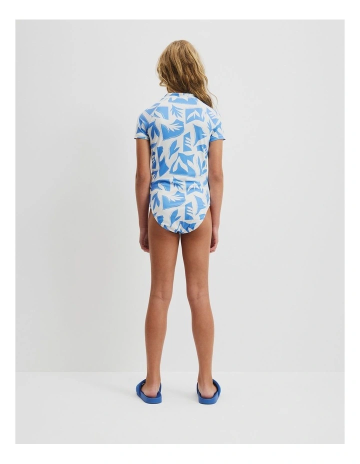 Teen Recycled Nylon Blend Zip Front Swimsuit in Abstract Blue image 4