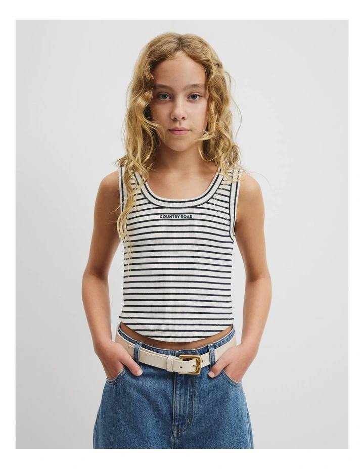 Teen Australian Cotton Blend Rib Logo Tank in Navy Stripe image 1
